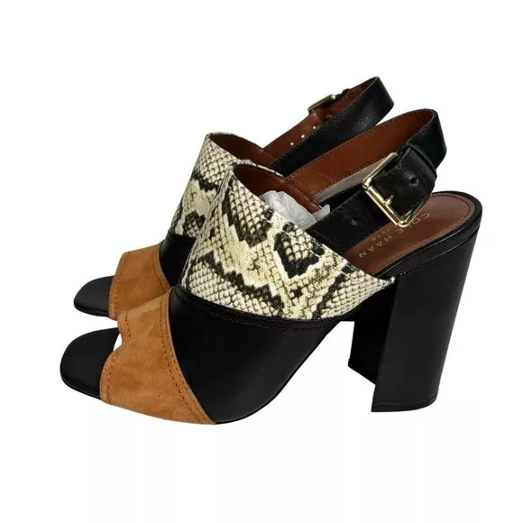 Cole Haan Roccia Snake Black Tabby High Heel Peep Toe Slingback Sandal Size 10B - Picture 3 of 16